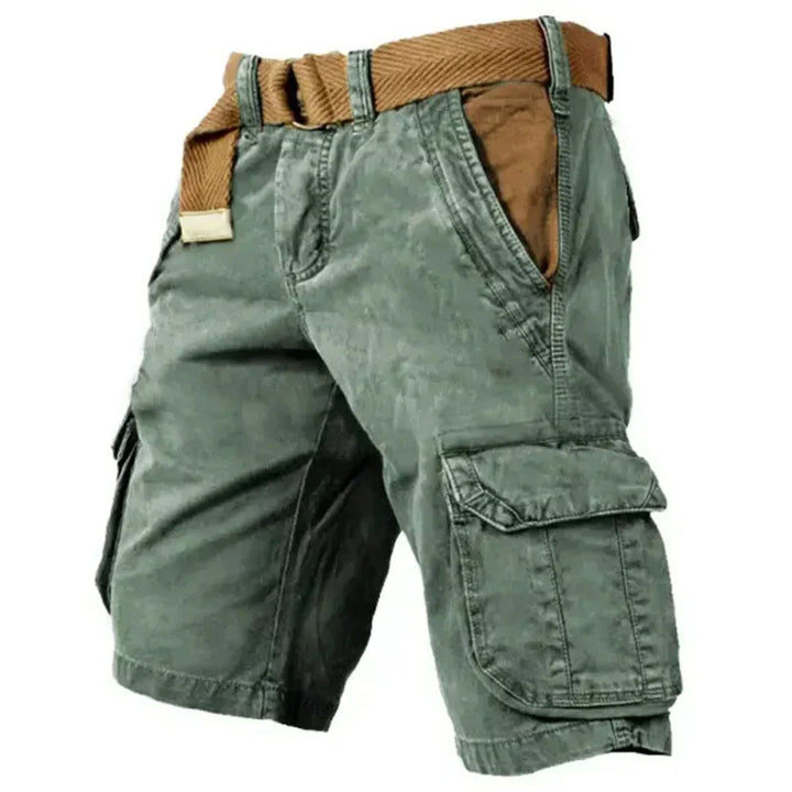 "Robusta cargo shorts för män med flera fickor, justerbar midja, beige färg. Perfekta för vardag och äventyr."
