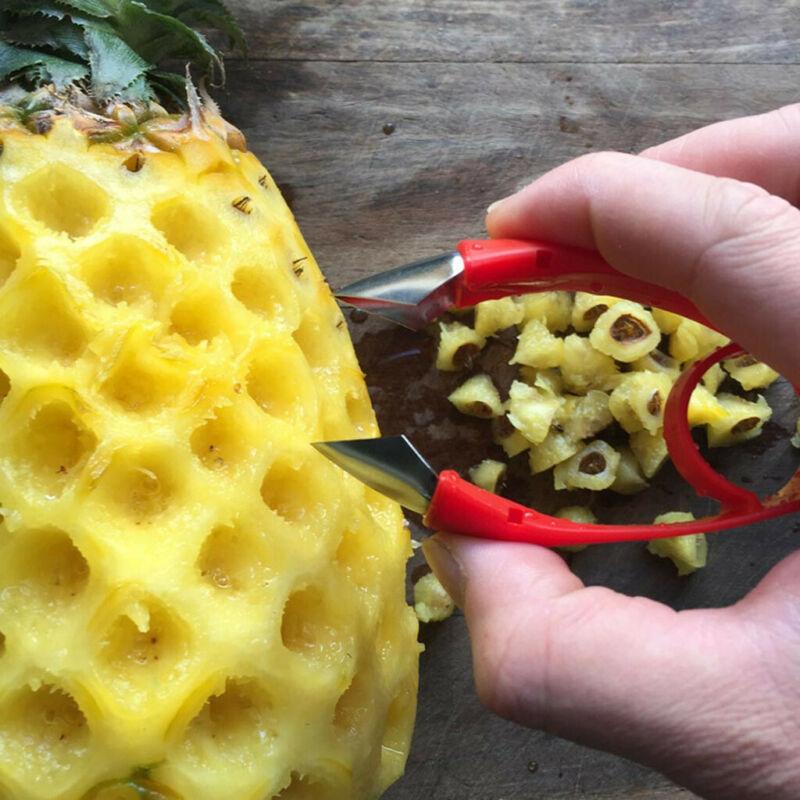 "Röd, ergonomisk pinneborttagare för köksbruk, av rostfritt stål, perfekt för frukt som jordgubbar. 9,5 x 2 cm."