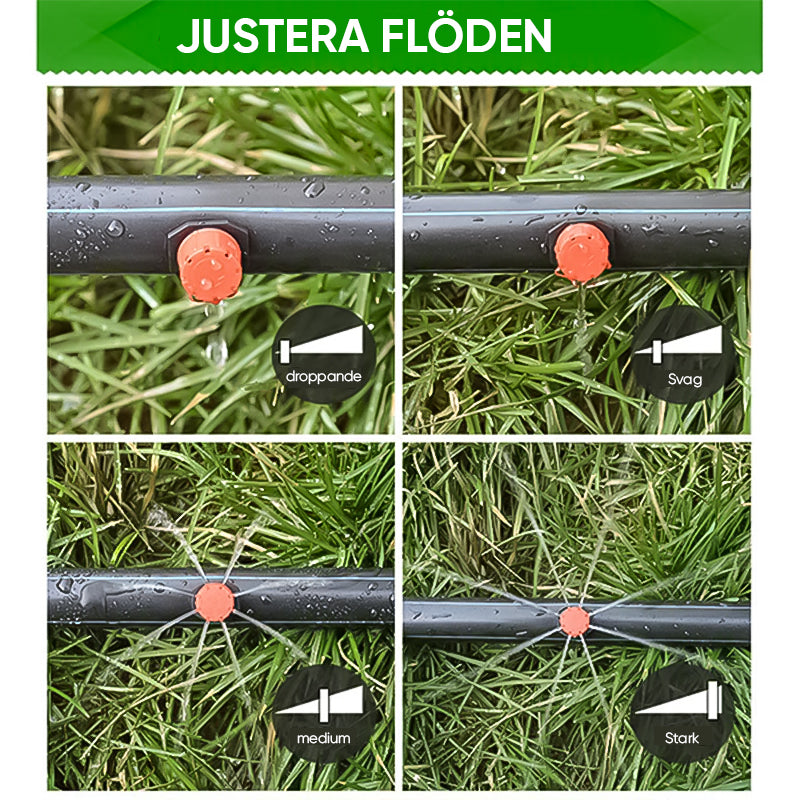 "Röd justerbar bevattningsdropp i ABS-plast för trädgårdsbruk. Sparar vatten och anpassar flödet enkelt."
