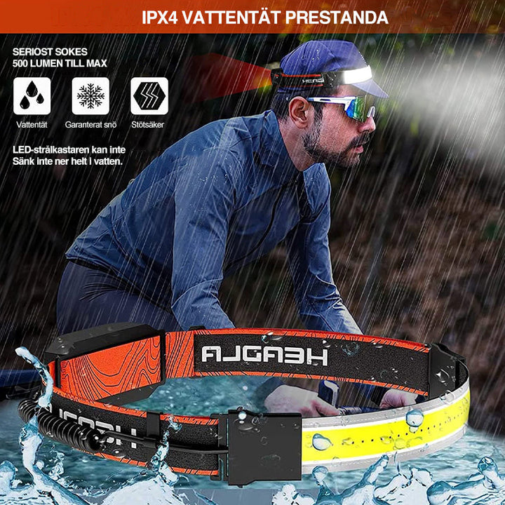"Röd LED-pannlampa med 230° vidvinkelbelysning, vattentät, tre ljuslägen, idealisk för utomhusbruk och äventyr."