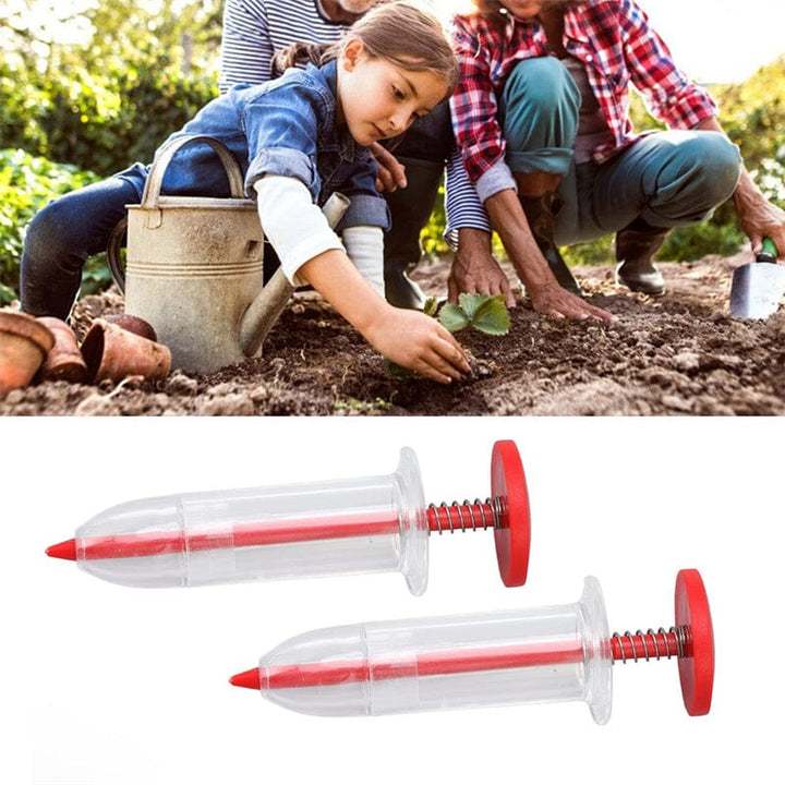 "Röd mini fröspridare i plast för trädgårdsbruk, kompakt design och användarvänlig för exakt fröspridning."