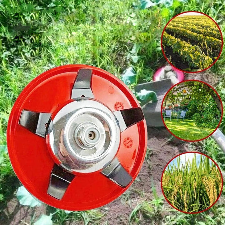 Röd multifunktionell ogrässkiva i stål och plast för trädgårdsarbete, med stjärnformat blad på grön bakgrund.