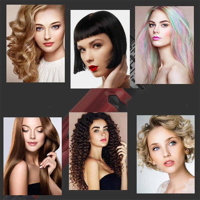 "Röd och svart varmluftsstyler och roterande hårtork, 2-i-1 design för enkel hårstyling med två utbytbara borstar."