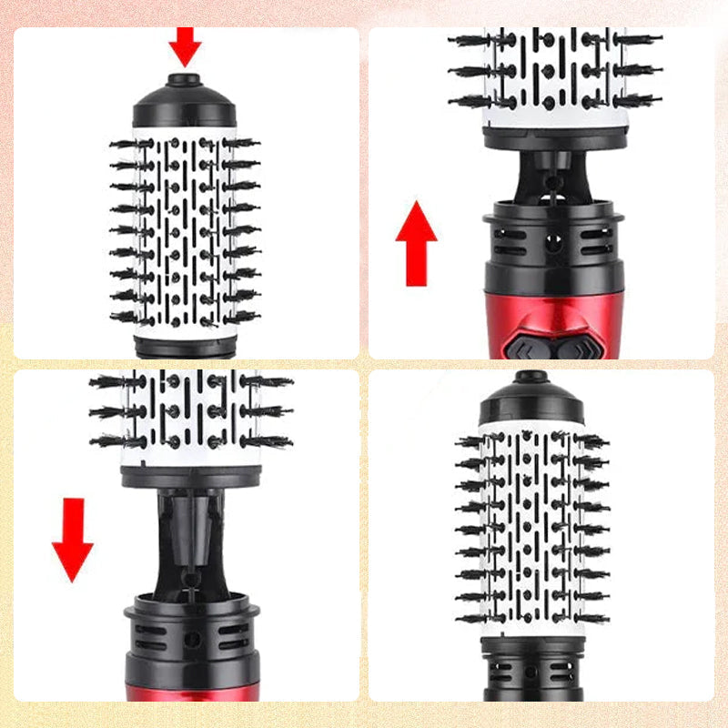"Röd och svart varmluftsstyler och roterande hårtork, 2-i-1 design för enkel hårstyling med två utbytbara borstar."