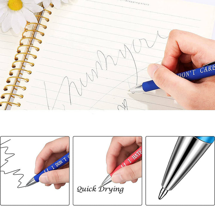 Roliga metallkontorspennor med svart bläck, eleganta med humoristiska gravyrer, idealiska som kontorets samtalsöppnare.