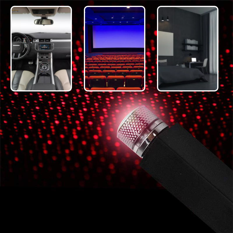 "Romantisk USB nattlampa med stjärnhimmelseffekt, perfekt för mysig belysning och ljudsvar i bil eller hemmiljö."