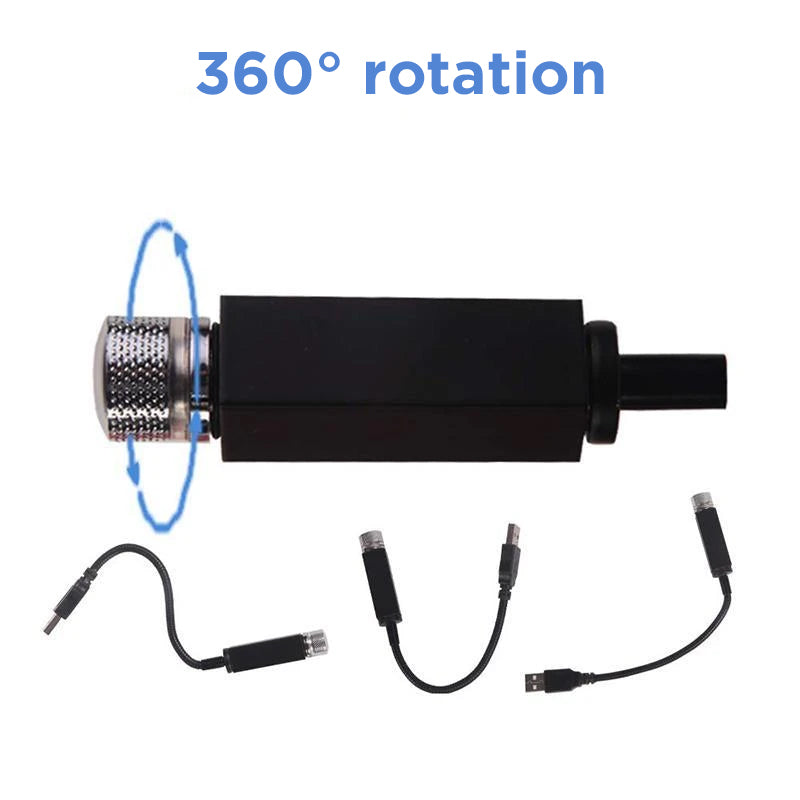 "Romantisk USB nattlampa med stjärnhimmelseffekt, perfekt för mysig belysning och ljudsvar i bil eller hemmiljö."