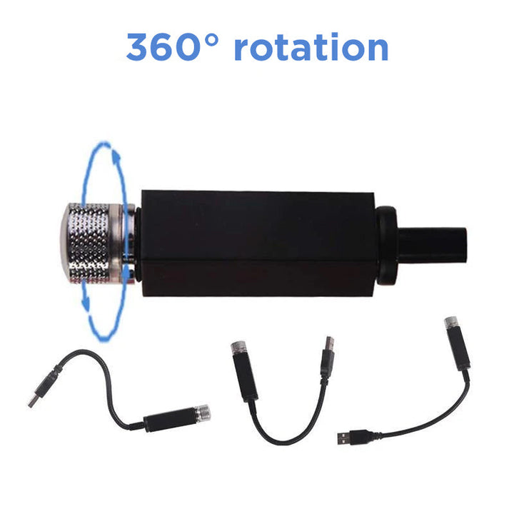 "Romantisk USB nattlampa med stjärnhimmelseffekt, perfekt för mysig belysning och ljudsvar i bil eller hemmiljö."