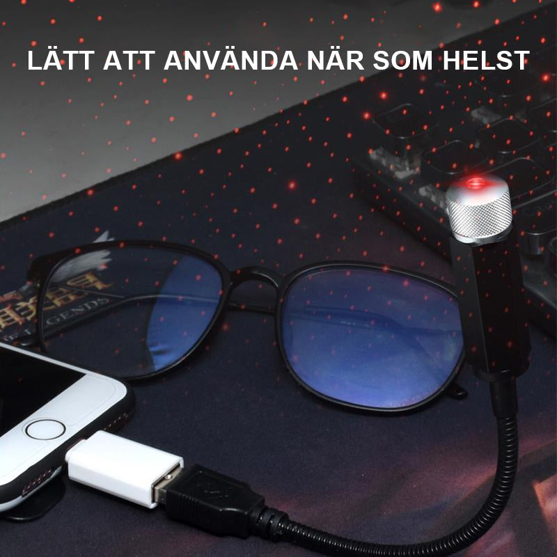 "Romantisk USB stjärnprojektionslampa med ställbar violett ljusintensitet, 360-graders rotation, kompakt, metall 226x15mm."