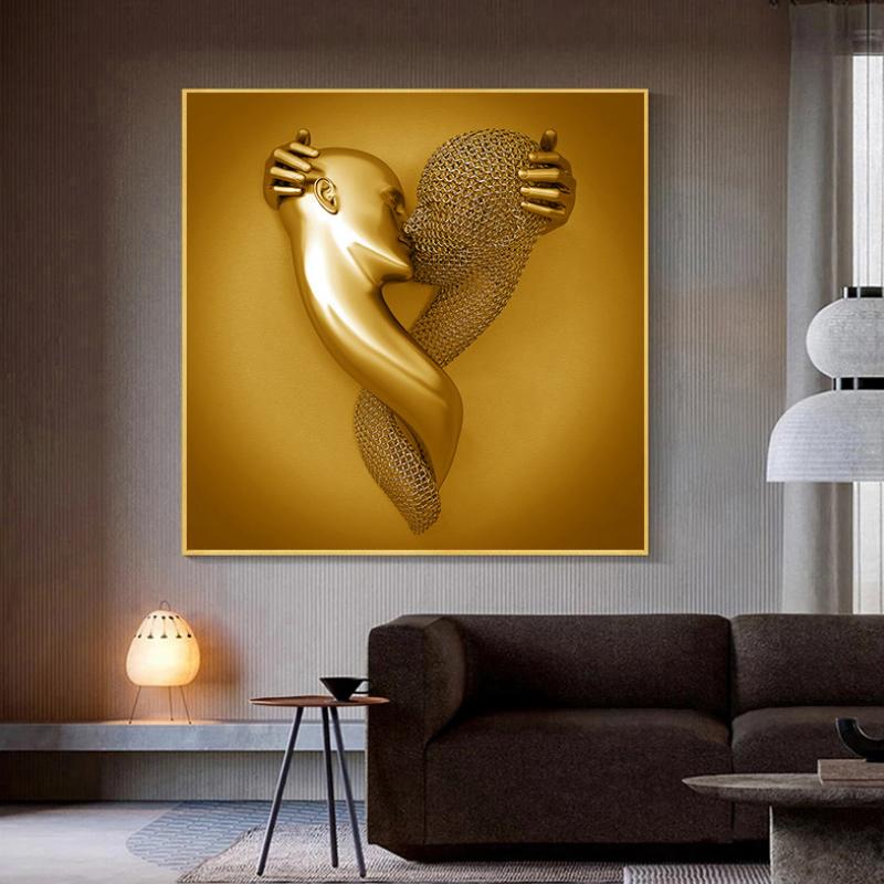 "Romantisk väggmålning i canvas, silver och gyllene hjärta och par i omfamning, perfekt för sovrum. Heminredning."