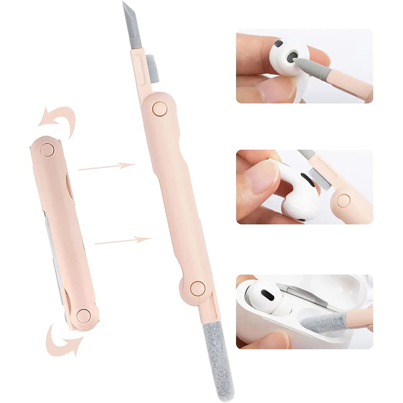 "Rosa och blå 7-i-1 rengöringssats för datorer och skärmar, innehåller borste och nyckelkapseldragare, kompakt design."