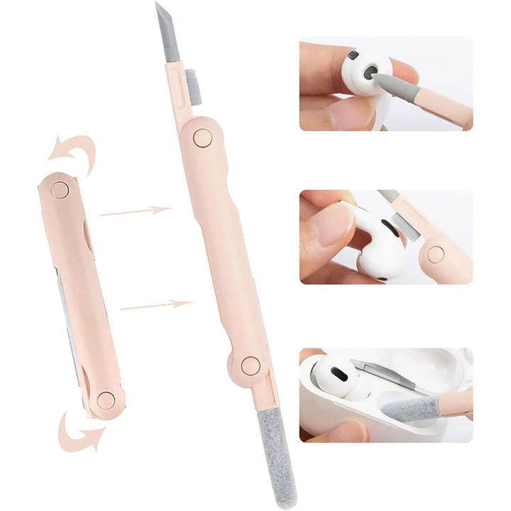 "Rosa och blå 7-i-1 rengöringssats för datorer och skärmar, innehåller borste och nyckelkapseldragare, kompakt design."