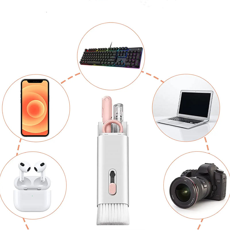 "Rosa och blå 7-i-1 rengöringssats för datorer och skärmar, innehåller borste och nyckelkapseldragare, kompakt design."