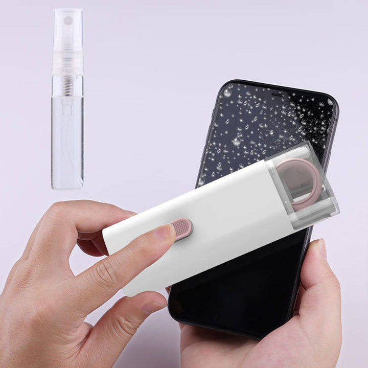 "Rosa och blå 7-i-1 rengöringssats för datorer och skärmar, innehåller borste och nyckelkapseldragare, kompakt design."