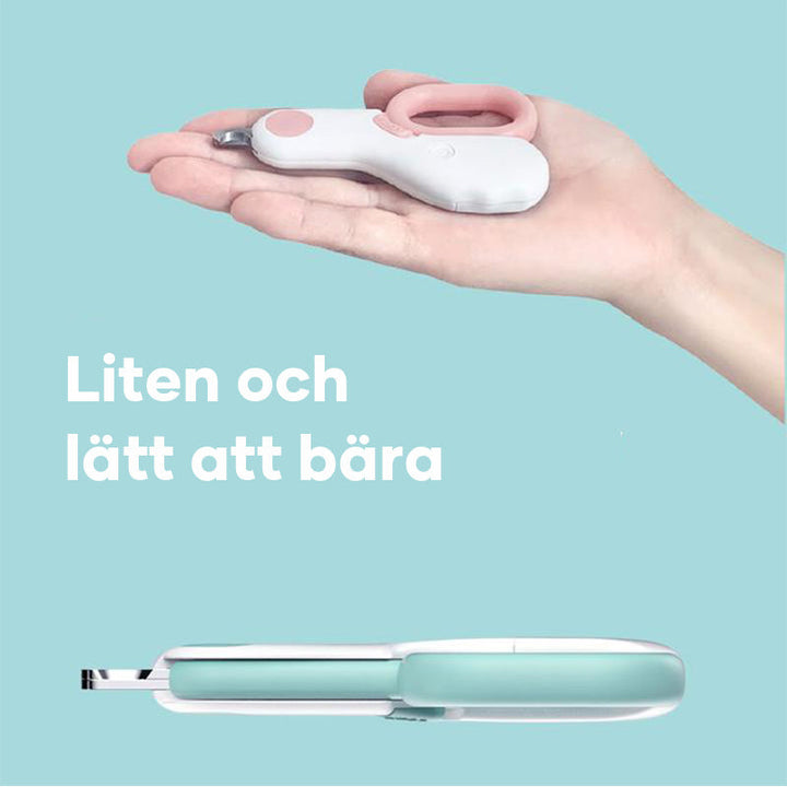 "Rosa och blå LED nagelklippare för husdjur med säker ergonomisk design, lyser upp för exakt trimning."