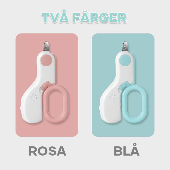 "Rosa och blå LED nagelklippare för husdjur med säker ergonomisk design, lyser upp för exakt trimning."