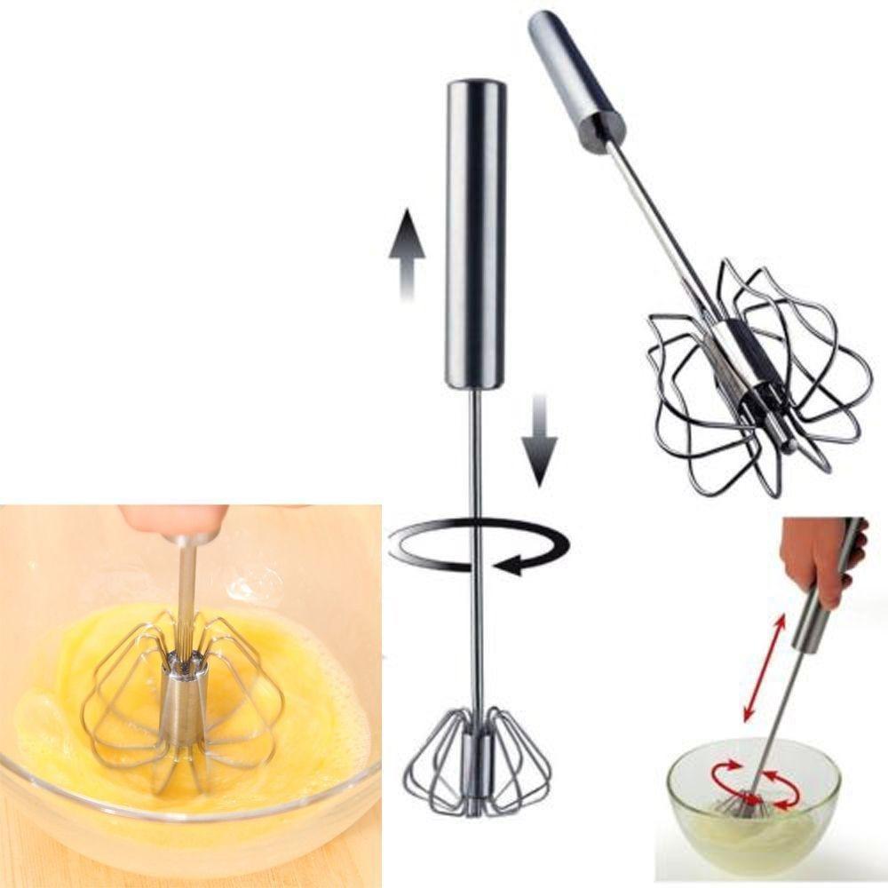 "Rostfri äggvispare med halvautomatisk funktion, elegant design, effektiv för matlagning, bakning och cocktailskapande."