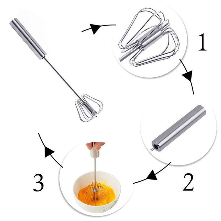 "Rostfri äggvispare med halvautomatisk funktion, elegant design, effektiv för matlagning, bakning och cocktailskapande."