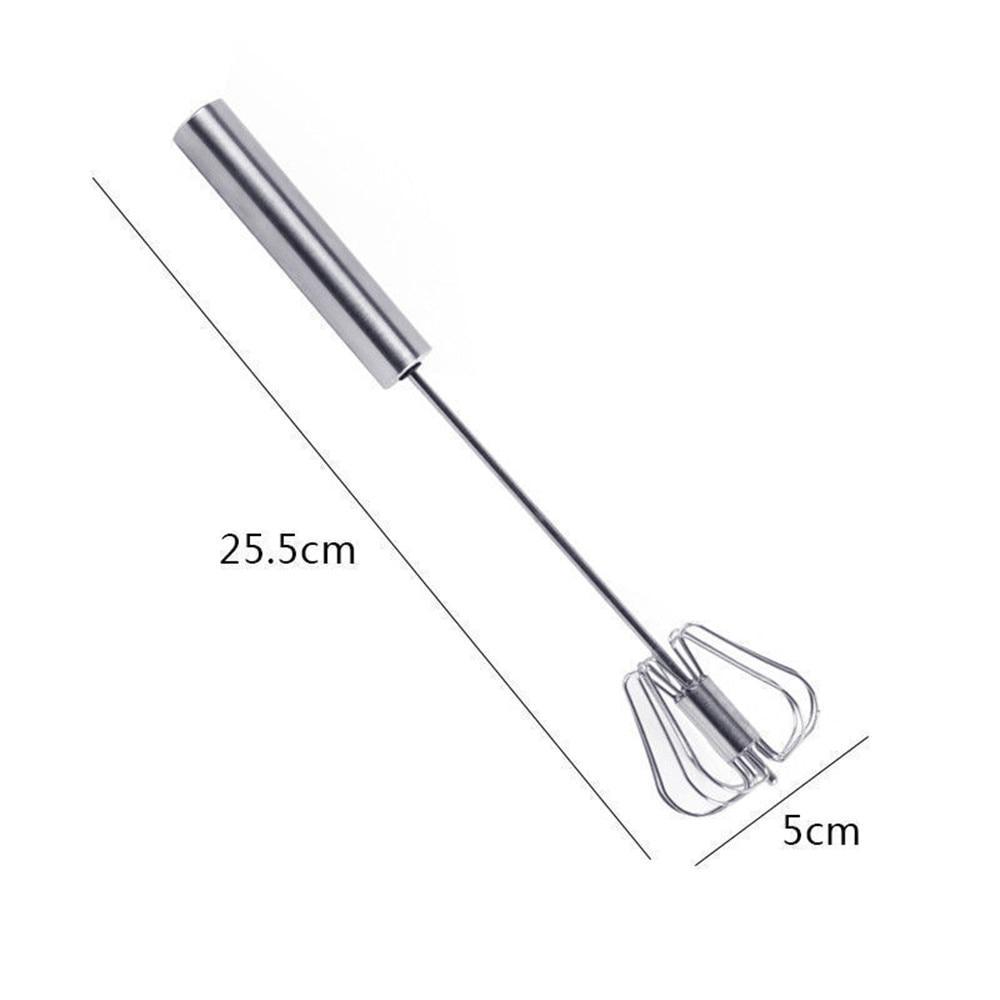 "Rostfri äggvispare med halvautomatisk funktion, elegant design, effektiv för matlagning, bakning och cocktailskapande."