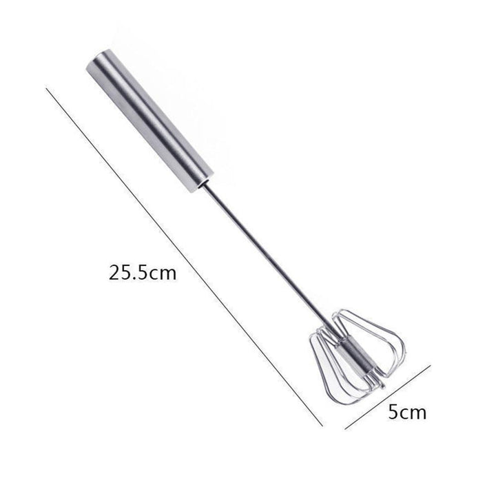 "Rostfri äggvispare med halvautomatisk funktion, elegant design, effektiv för matlagning, bakning och cocktailskapande."