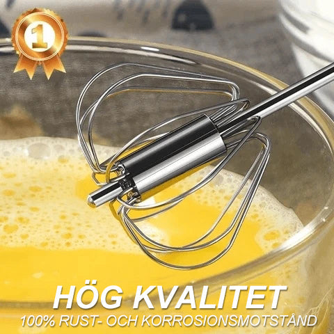 "Rostfri äggvispare med halvautomatisk funktion, elegant design, effektiv för matlagning, bakning och cocktailskapande."