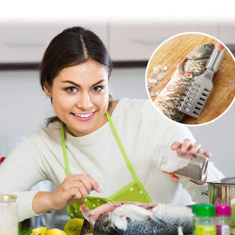 "Rostfri fiskfjällhyvel med ergonomisk design, tandad skrapa, hållbart stål, lätt att rengöra, för effektiv fiskrensning."