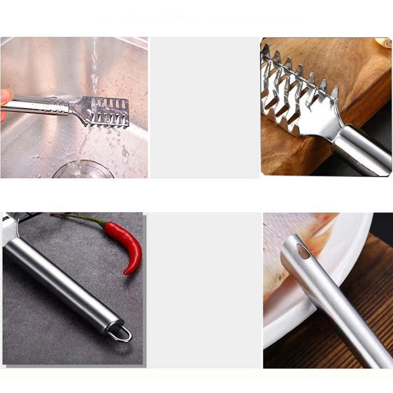 "Rostfri fiskfjällhyvel med ergonomisk design, tandad skrapa, hållbart stål, lätt att rengöra, för effektiv fiskrensning."