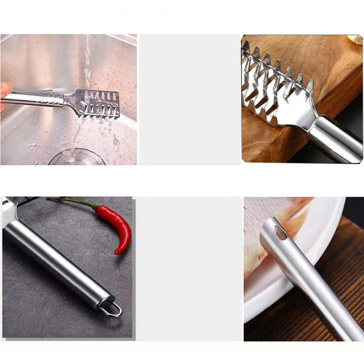 "Rostfri fiskfjällhyvel med ergonomisk design, tandad skrapa, hållbart stål, lätt att rengöra, för effektiv fiskrensning."