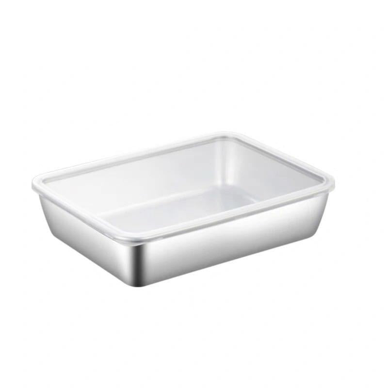 Rostfri fyrkantig bakform med lock, metallisk finish och släta kanter, perfekt för bakning och matlagning i köket.
