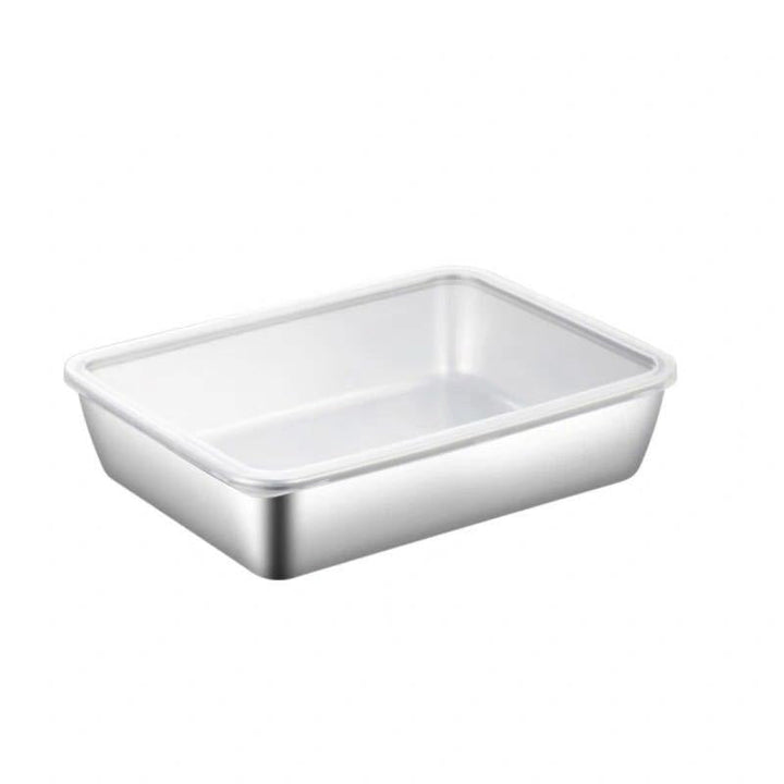 Rostfri fyrkantig bakform med lock, metallisk finish och släta kanter, perfekt för bakning och matlagning i köket.