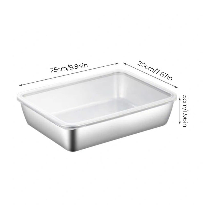 Rostfri fyrkantig bakform med lock, metallisk finish och släta kanter, perfekt för bakning och matlagning i köket.