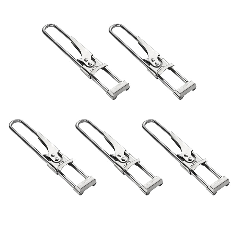 "Rostfri justerbar burköppnare med klämdesign, passar olika lockstorlekar, elegant och hållbar för köksanvändning."