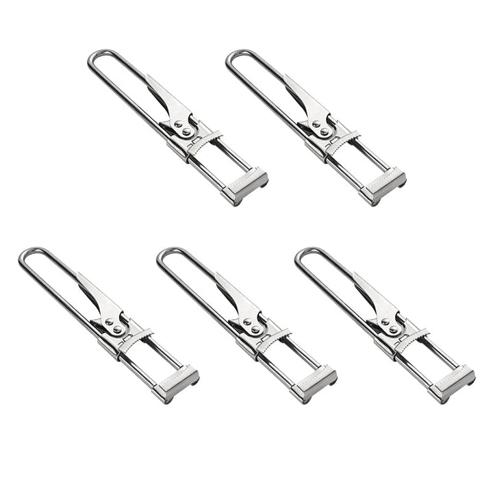 "Rostfri justerbar burköppnare med klämdesign, passar olika lockstorlekar, elegant och hållbar för köksanvändning."