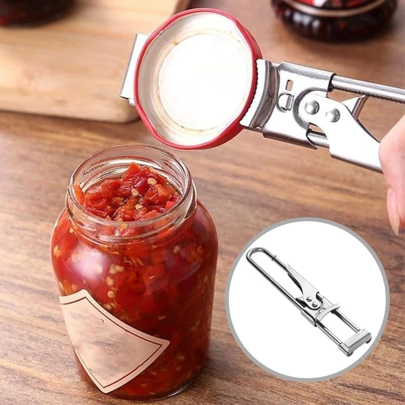 "Rostfri justerbar burköppnare med klämdesign, passar olika lockstorlekar, elegant och hållbar för köksanvändning."