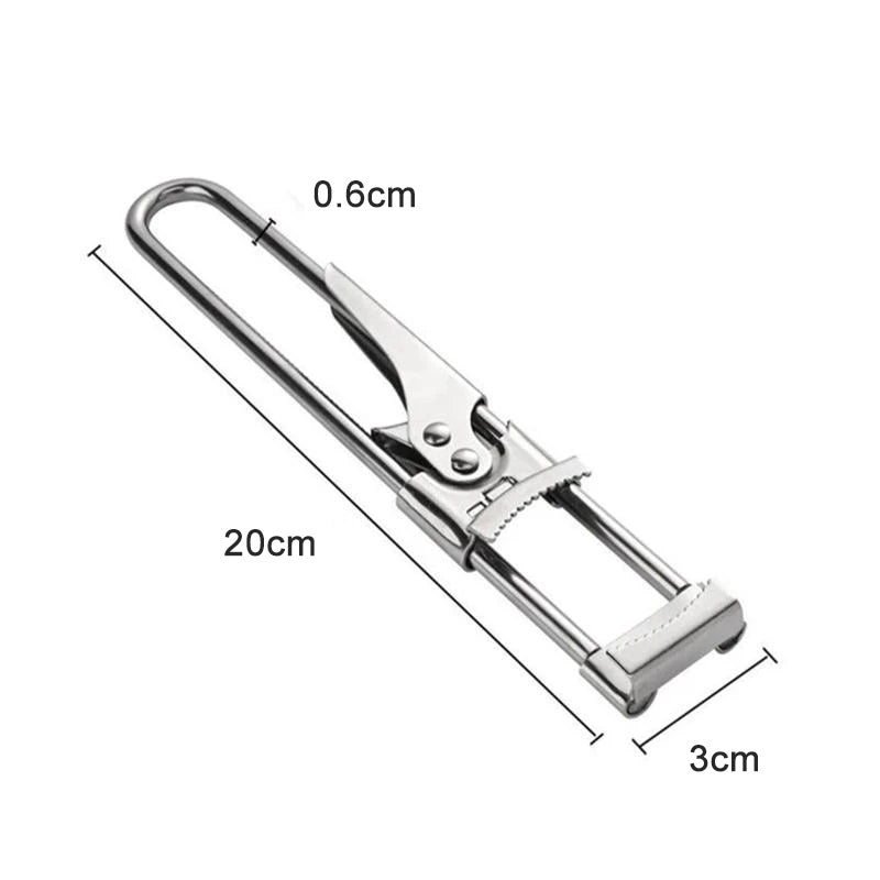 "Rostfri justerbar burköppnare med klämdesign, passar olika lockstorlekar, elegant och hållbar för köksanvändning."