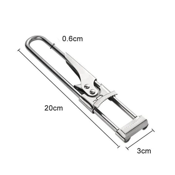 "Rostfri justerbar burköppnare med klämdesign, passar olika lockstorlekar, elegant och hållbar för köksanvändning."