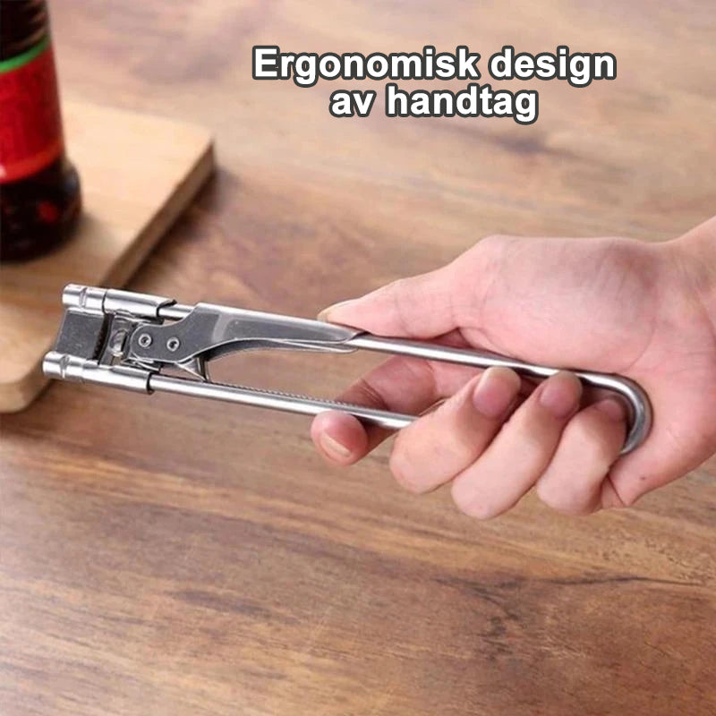 "Rostfri justerbar burköppnare med klämdesign, passar olika lockstorlekar, elegant och hållbar för köksanvändning."