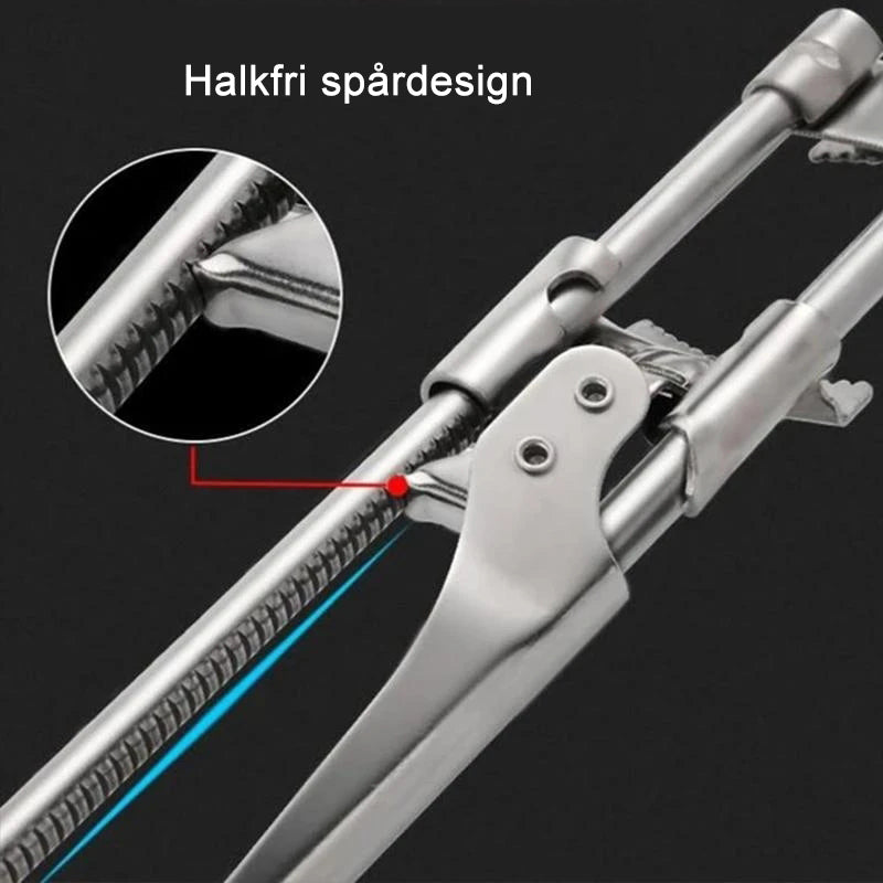 "Rostfri justerbar burköppnare med klämdesign, passar olika lockstorlekar, elegant och hållbar för köksanvändning."
