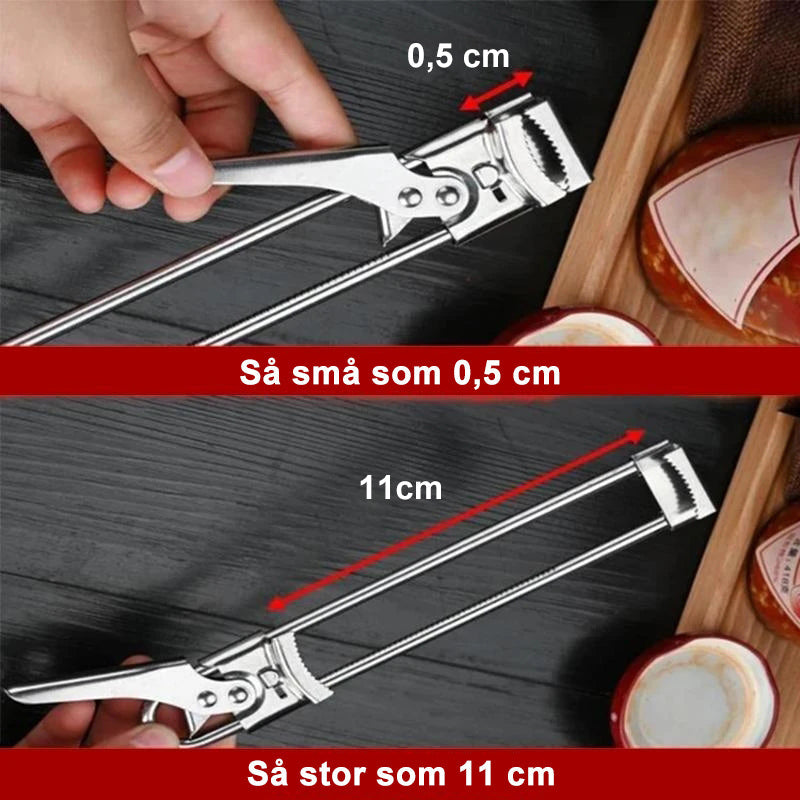 "Rostfri justerbar burköppnare med klämdesign, passar olika lockstorlekar, elegant och hållbar för köksanvändning."