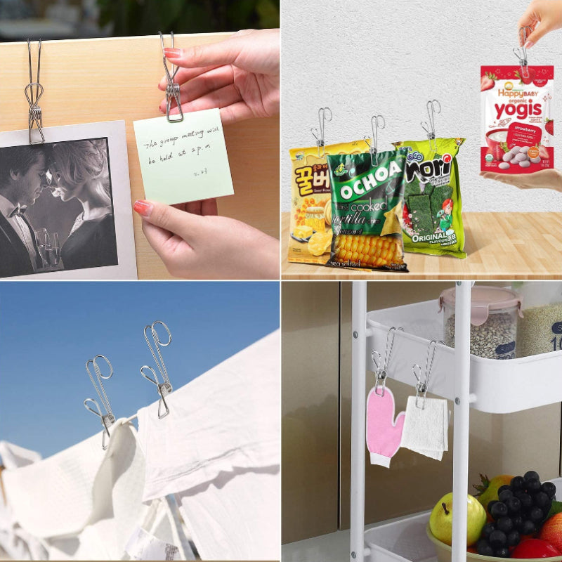 "Rostfri metalklämma med lång svans, silverfärgad, perfekt för kök och badrum, hållbar design för smart förvaring."