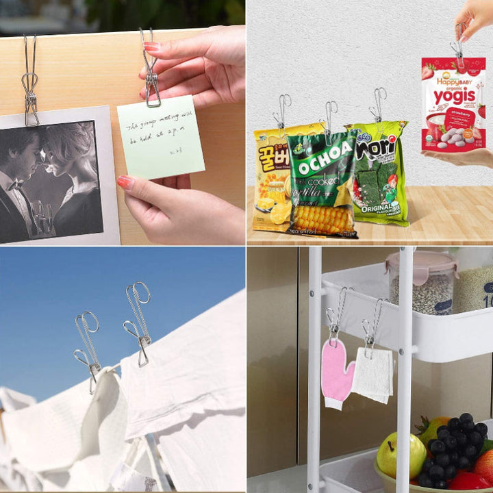 "Rostfri metalklämma med lång svans, silverfärgad, perfekt för kök och badrum, hållbar design för smart förvaring."