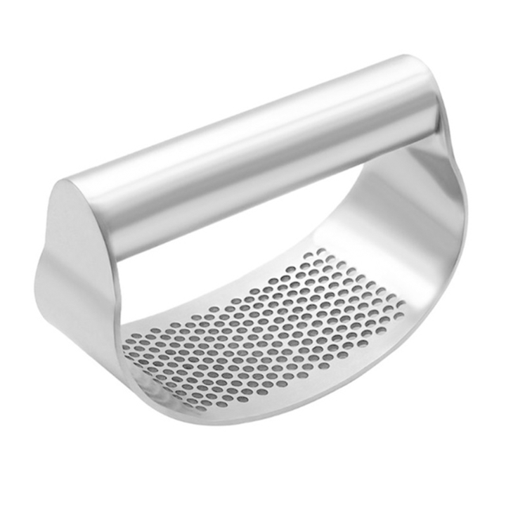"Rostfri vitlökspress i ergonomisk design för enkel matlagning, krossar vitlök snabbt med stil och funktionalitet."