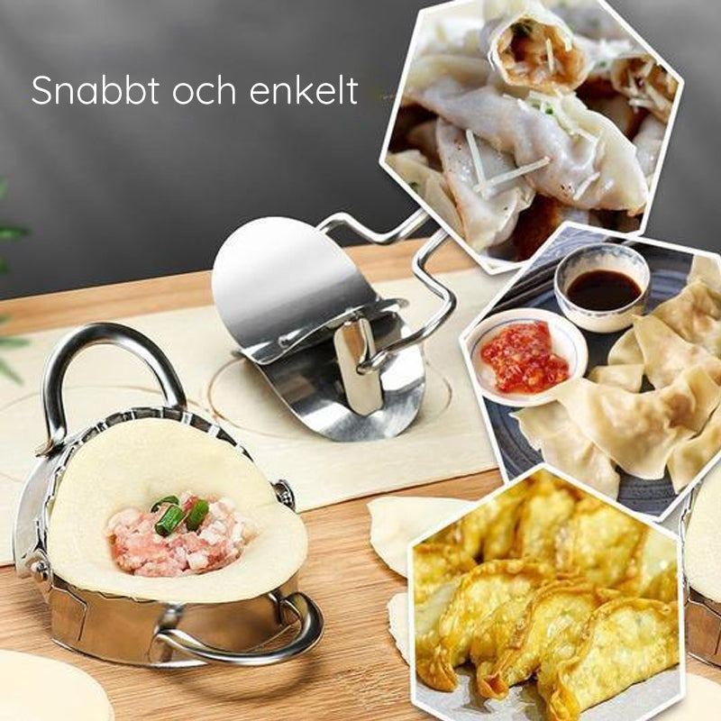 "Rostfritt stål dumplingmaskin och skalare med spegelpolerad yta för enkel och hygienisk användning i hemmakök."