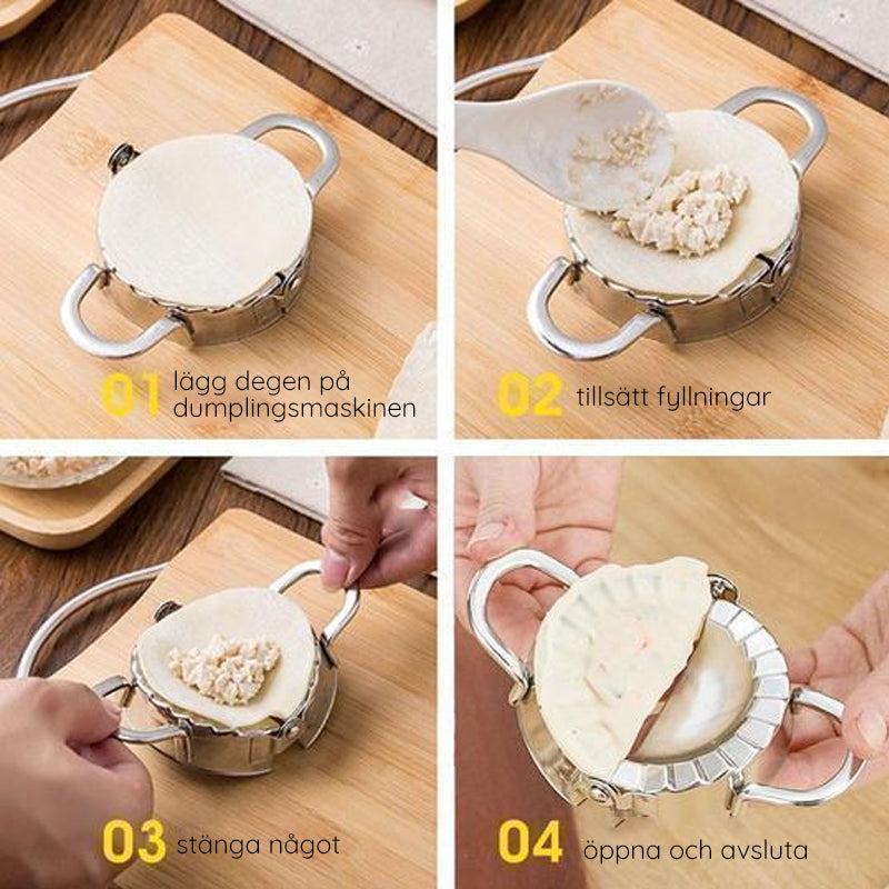 "Rostfritt stål dumplingmaskin och skalare med spegelpolerad yta för enkel och hygienisk användning i hemmakök."