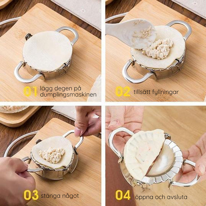 "Rostfritt stål dumplingmaskin och skalare med spegelpolerad yta för enkel och hygienisk användning i hemmakök."