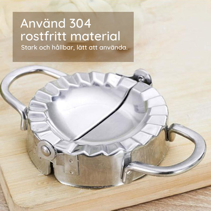 "Rostfritt stål dumplingmaskin och skalare med spegelpolerad yta för enkel och hygienisk användning i hemmakök."