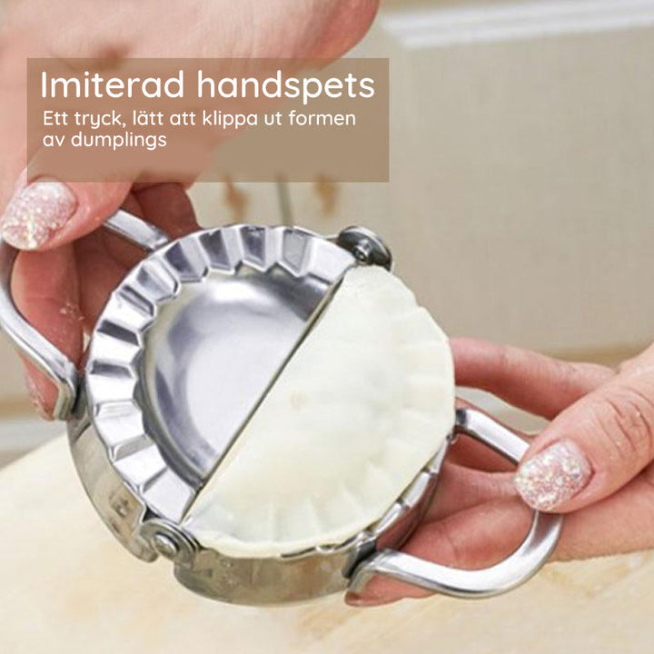 "Rostfritt stål dumplingmaskin och skalare med spegelpolerad yta för enkel och hygienisk användning i hemmakök."