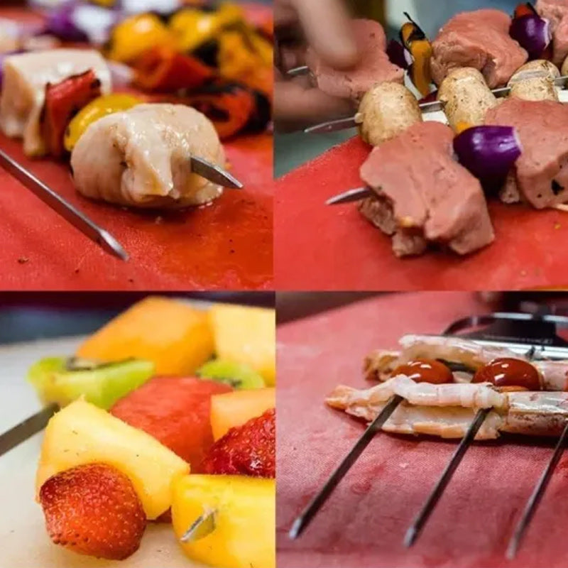 "Rostfritt stål grillspett med tre piggar, mångsidig design för kött och grönsaker. Perfekt för enkel och effektiv grillning.