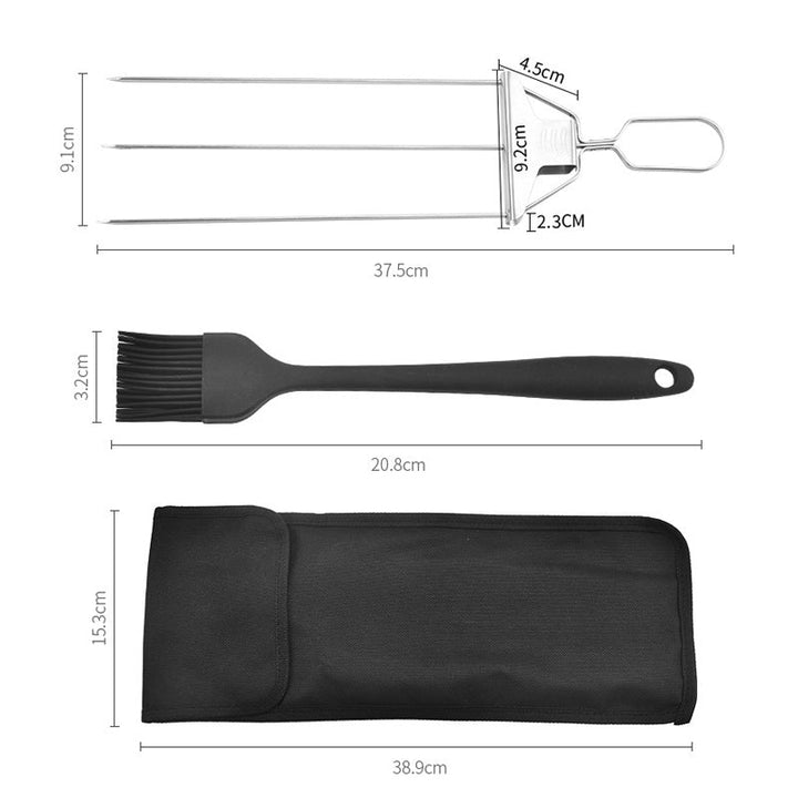"Rostfritt stål grillspett med tre piggar, mångsidig design för kött och grönsaker. Perfekt för enkel och effektiv grillning.