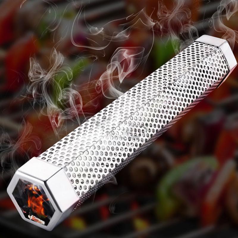 "Rostfritt stål rökrör för grill, hexagonform, köksaccessoar, perfekt för rökning av kött och fisk, hållbar och stabil."